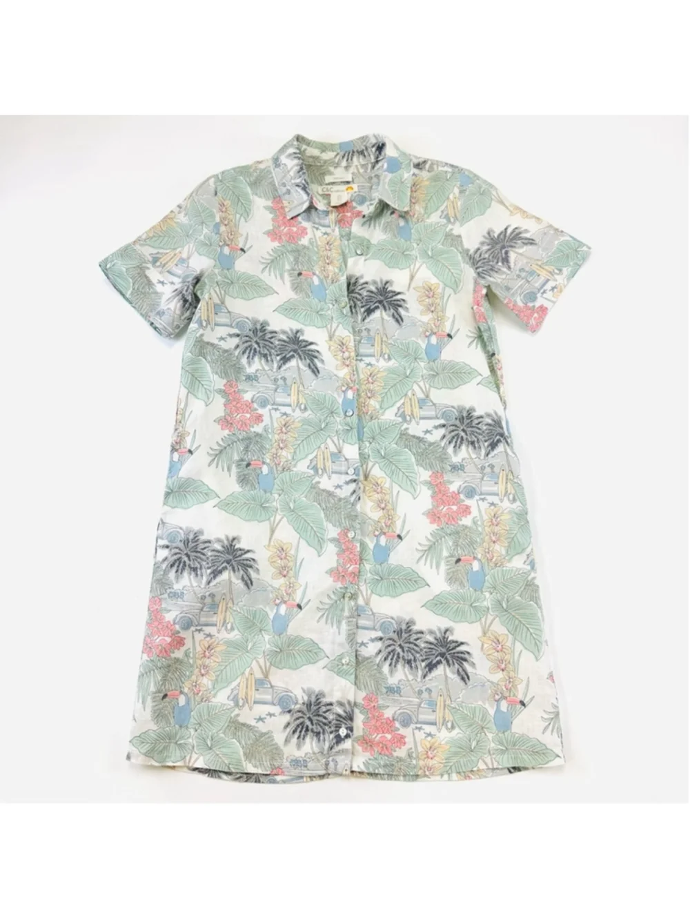 Tropical pastel linen shirt dress Small short sleeve button up collar
